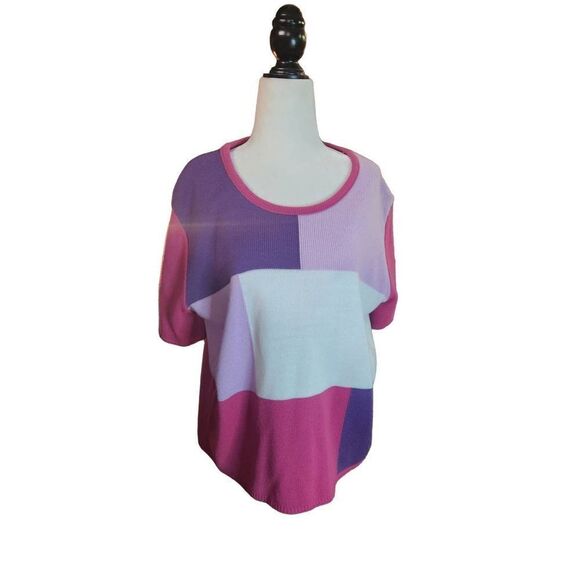 Colorblock Short Sleeved 90s Sweater Pink Purple Lilac Minimalist XL - Picture 1 of 5